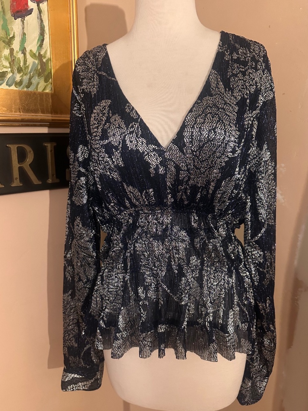 Like New Anthropologie XL Navy/Silver Metallic V-Neck Blouse